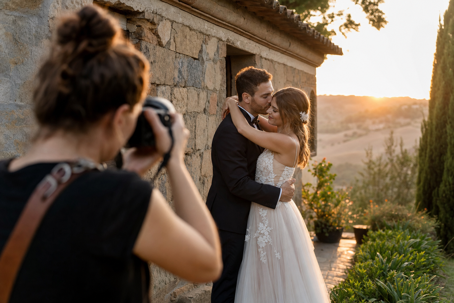 Jeunes mariés enlacés en lumière dorée, photographe au premier plan