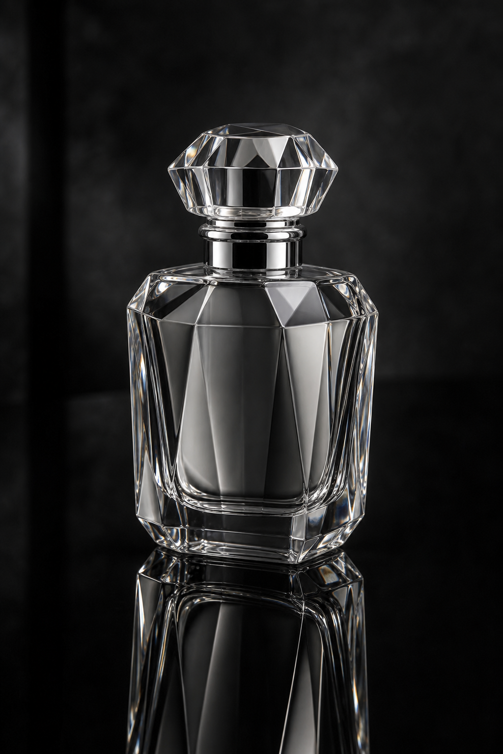 Photographie de produit, flacon en verre sur table lumineuse réfléchissante